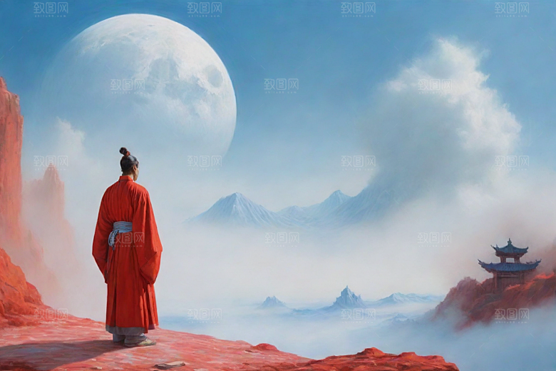 男子与红色建筑在流云中宋代工笔山水画
