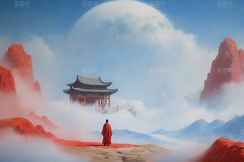 男子与红色建筑在流云中宋代工笔山水画