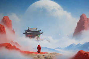 男子与红色建筑在流云中宋代工笔山水画