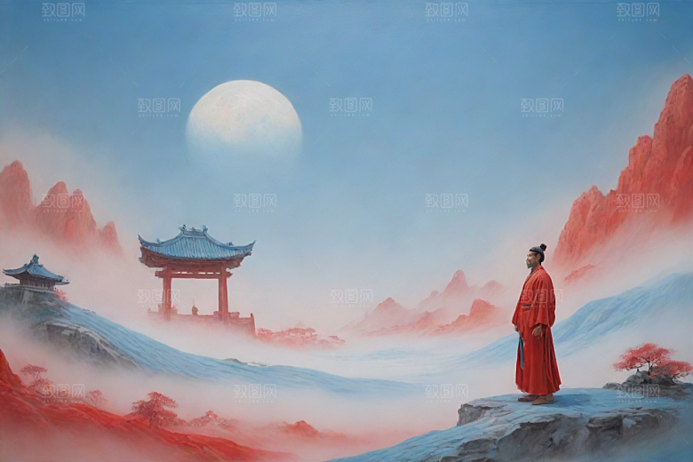 男子与红色建筑在流云中宋代工笔山水画