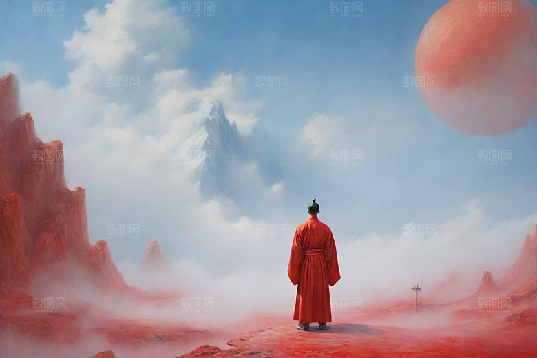 男子与红色建筑在流云中宋代工笔山水画