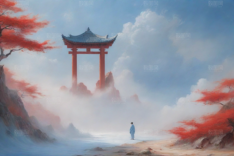 男子与红色建筑在流云中宋代工笔山水画