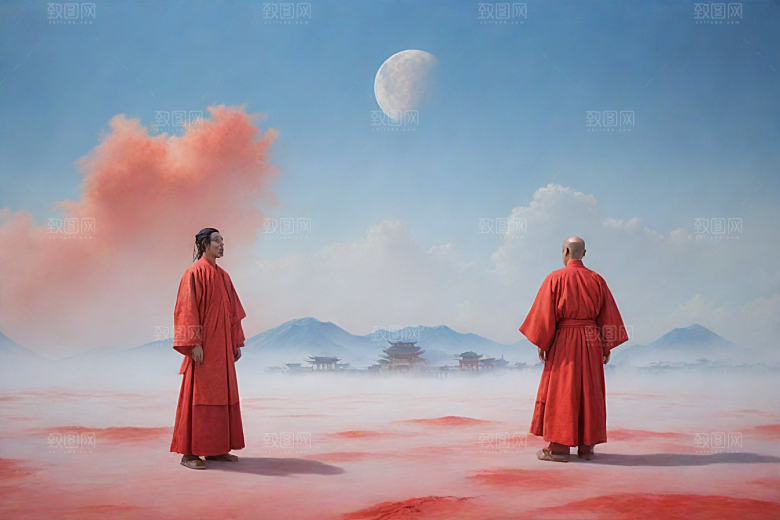 男子与红色建筑在流云中宋代工笔山水画