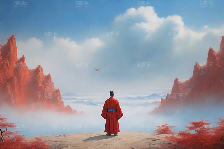 男子与红色建筑在流云中宋代工笔山水画