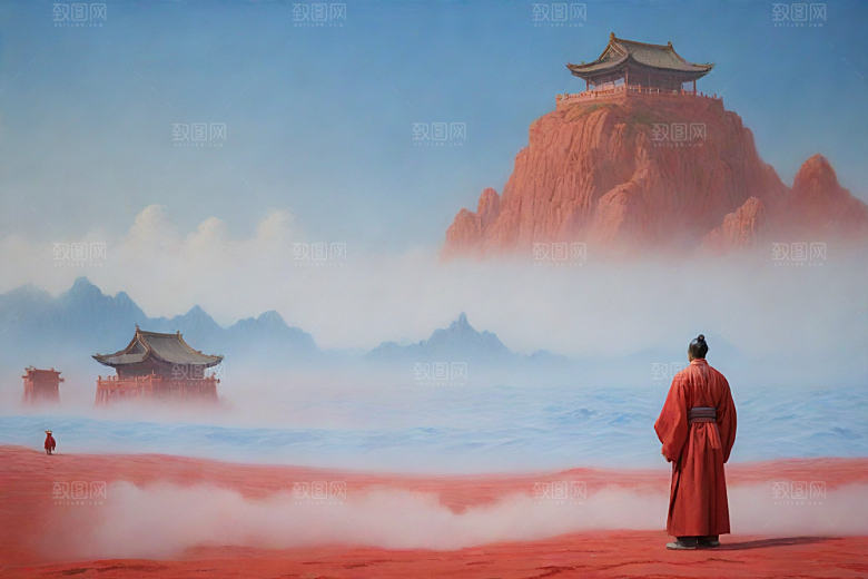 男子与红色建筑在流云中宋代工笔山水画