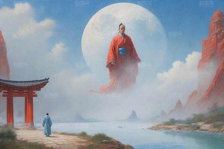 男子与红色建筑在流云中宋代工笔山水画