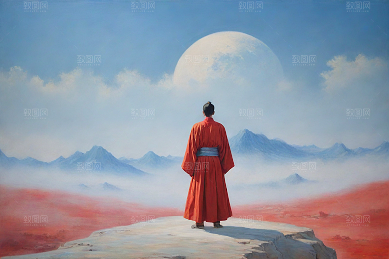 男子与红色建筑在流云中宋代工笔山水画