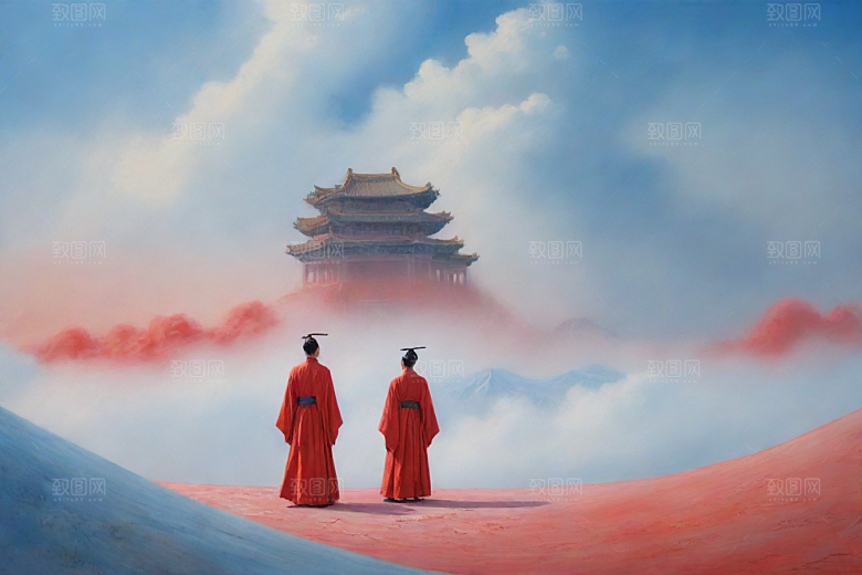 男子与红色建筑在流云中宋代工笔山水画