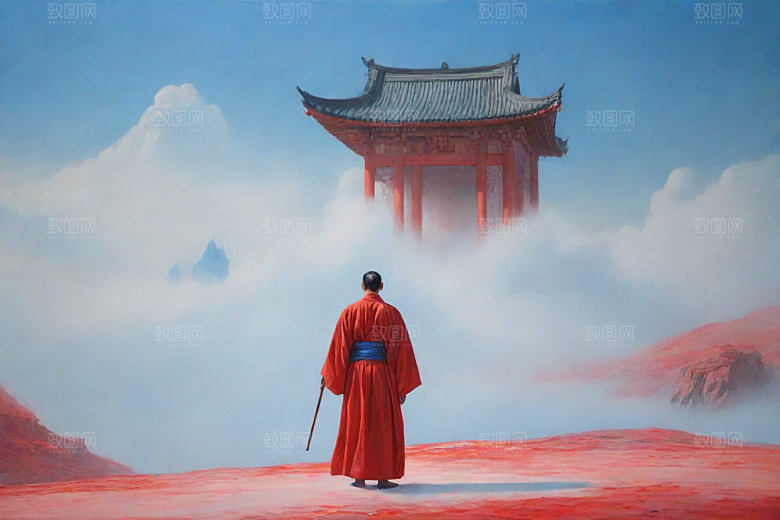 巨大红色建筑在流云中宋代工笔山水画