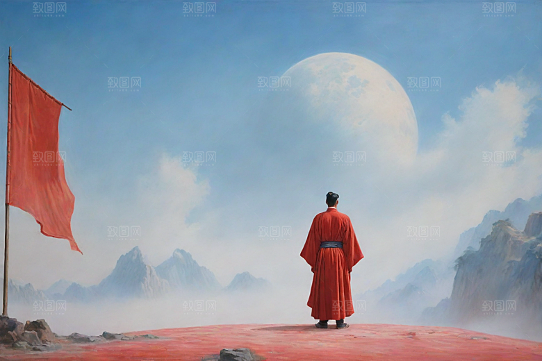 巨大红色建筑在流云中宋代工笔山水画