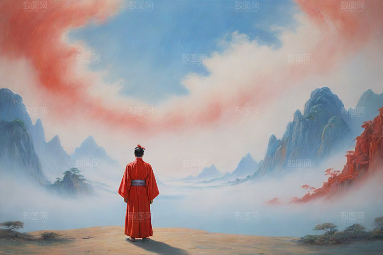 巨大红色建筑在流云中宋代工笔山水画