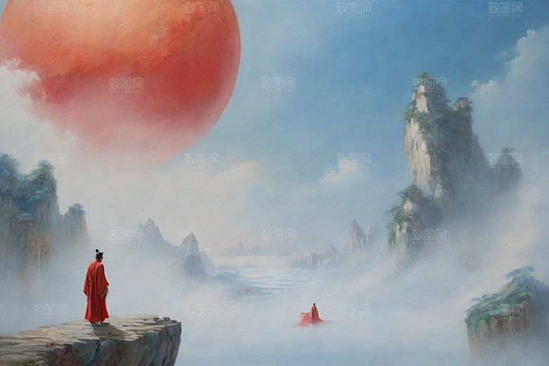 巨大红色建筑在流云中宋代工笔山水画