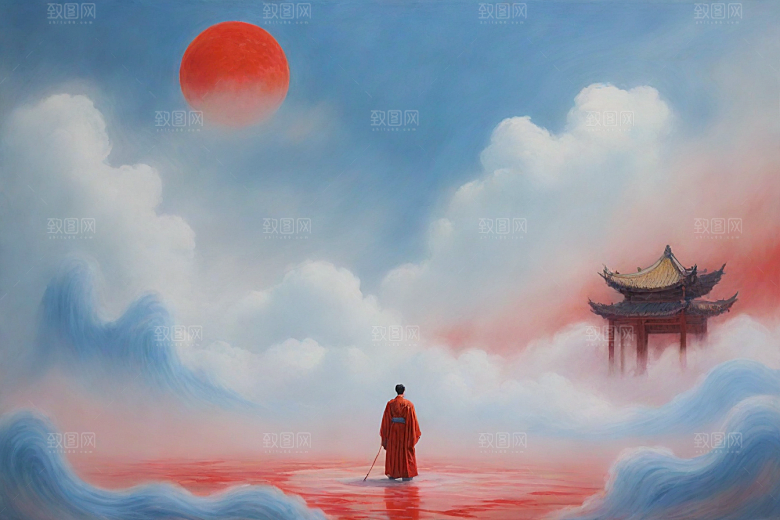 巨大红色建筑在流云中宋代工笔山水画