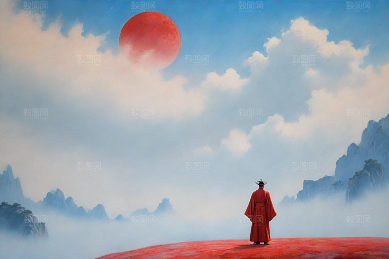 巨大红色建筑在流云中宋代工笔山水画