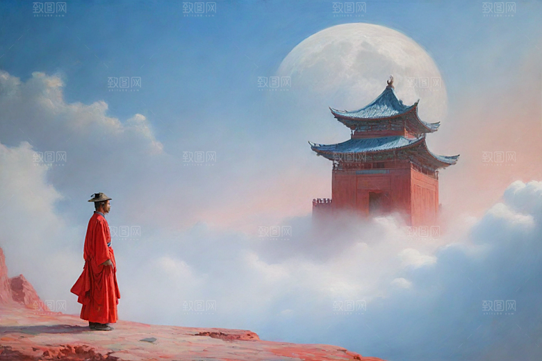 巨大红色建筑在流云中宋代工笔山水画
