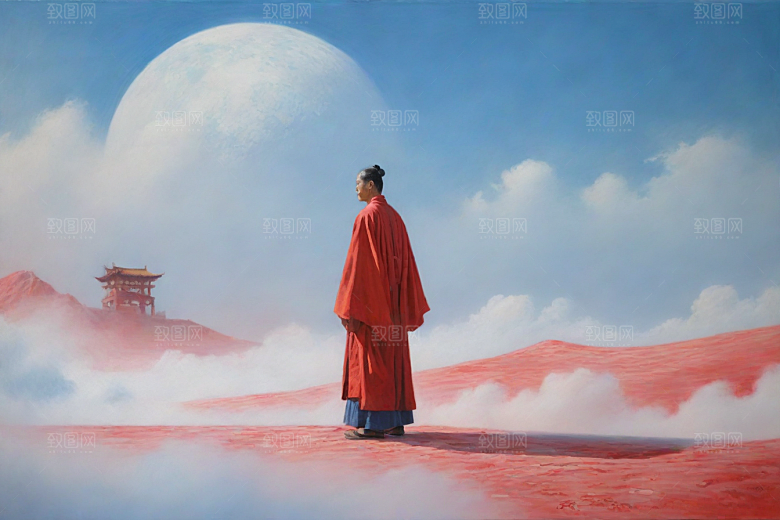 巨大红色建筑在流云中宋代工笔山水画