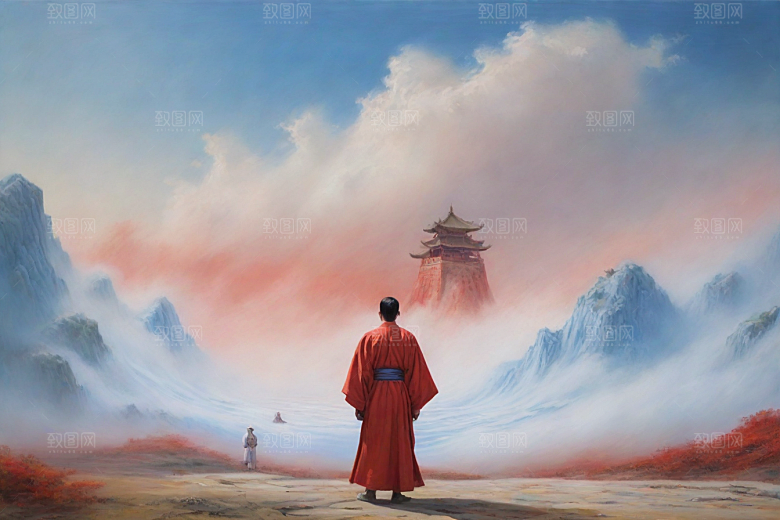 巨大红色建筑在流云中宋代工笔山水画