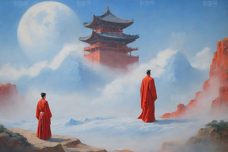 巨大红色建筑在流云中宋代工笔山水画