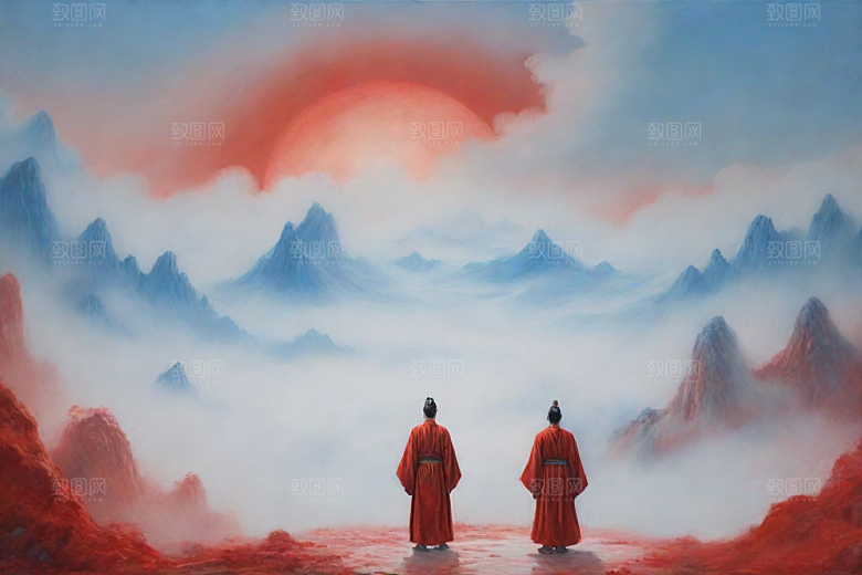 巨大红色建筑在流云中宋代工笔山水画