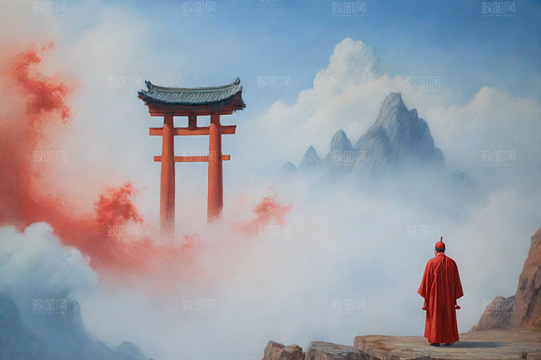 巨大红色建筑在流云中宋代工笔山水画