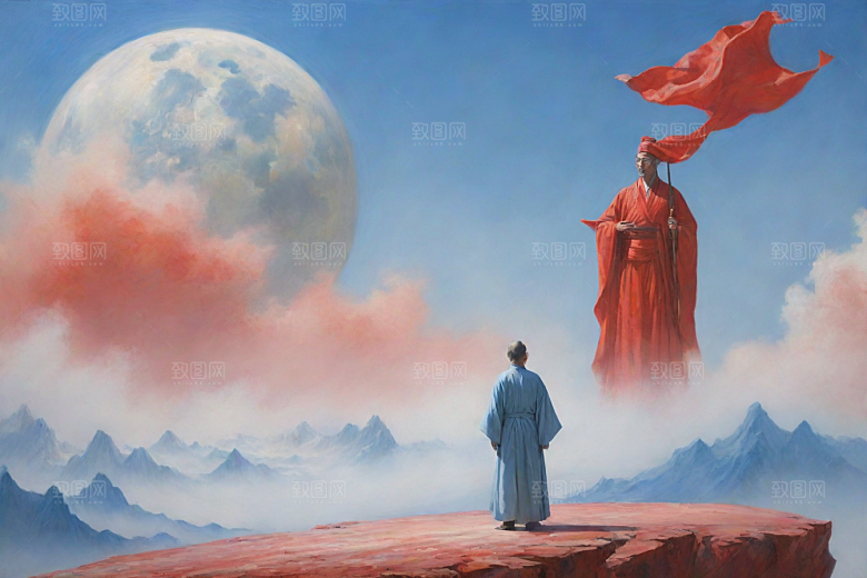 巨大红色建筑在流云中宋代工笔山水画