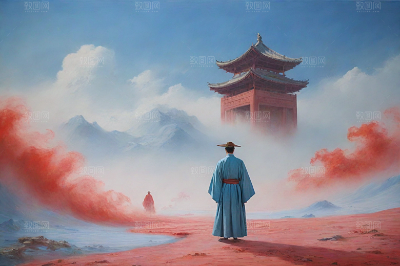 巨大红色建筑在流云中宋代工笔山水画