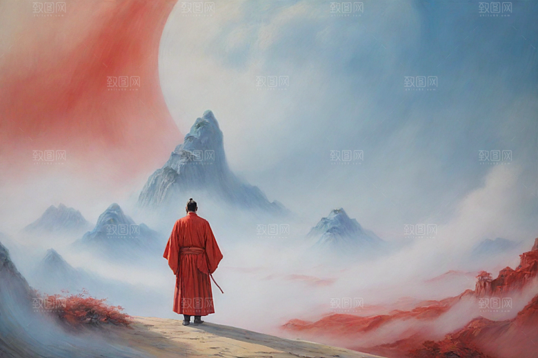 男子站立红色建筑旁宋代工笔山水画