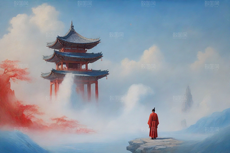 男子站立红色建筑旁宋代工笔山水画