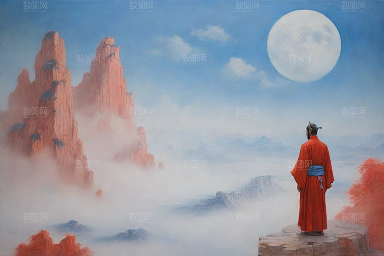 男子站立红色建筑旁宋代工笔山水画