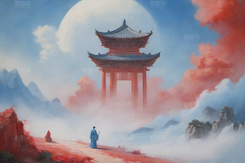 男子站立红色建筑旁宋代工笔山水画