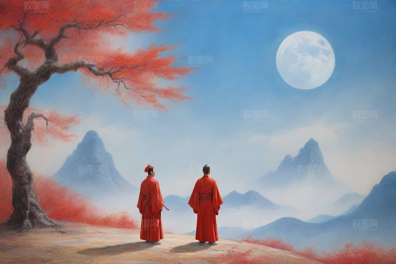 男子站立红色建筑旁宋代工笔山水画