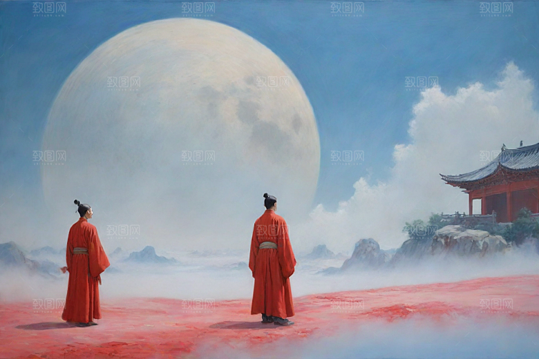 男子站立红色建筑旁宋代工笔山水画