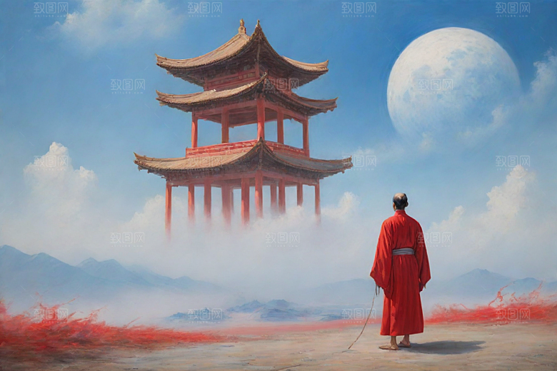 男子站立红色建筑旁宋代工笔山水画