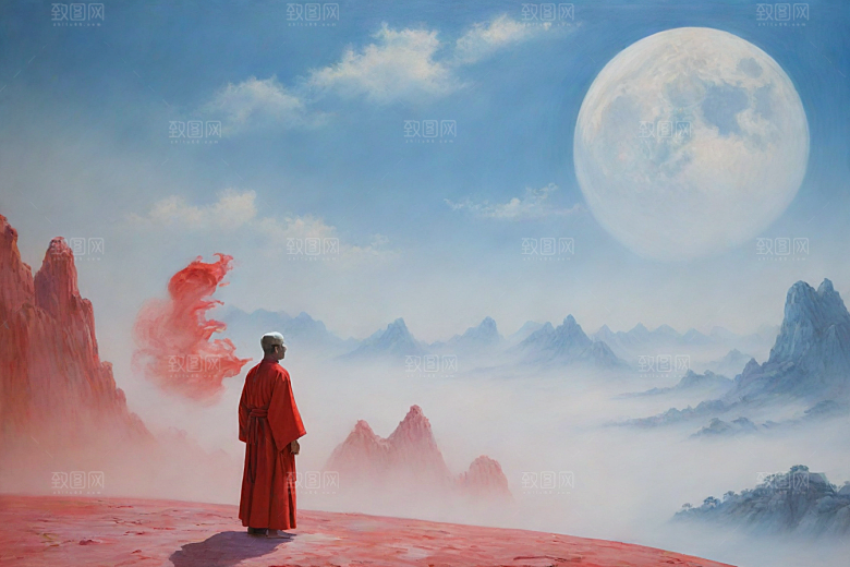 男子站立红色建筑旁宋代工笔山水画