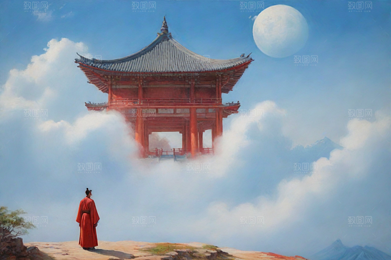 男子站立红色建筑旁宋代工笔山水画
