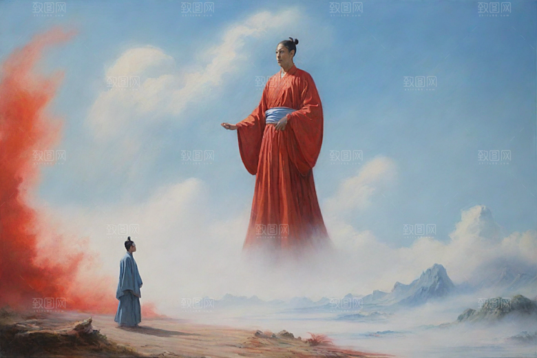 男子站立红色建筑旁宋代工笔山水画