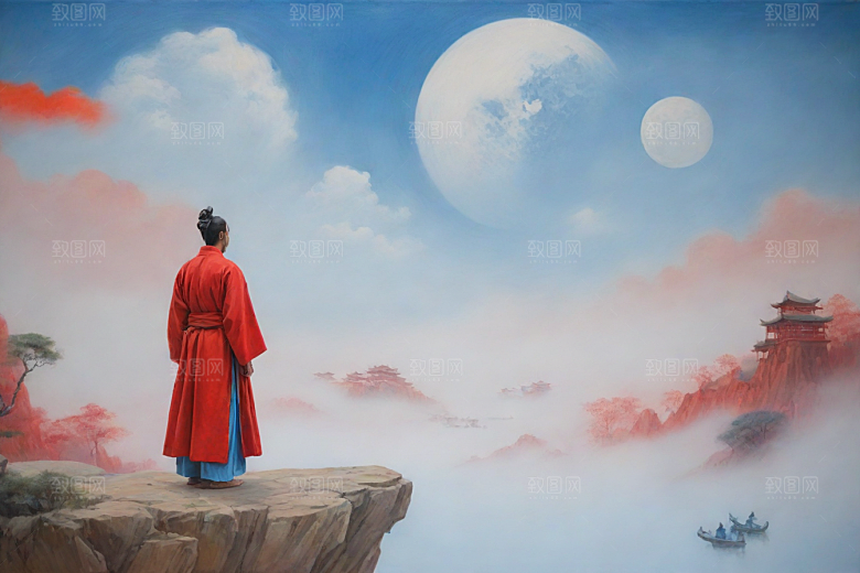 男子站立红色建筑旁宋代工笔山水画