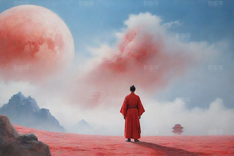 男子站立红色建筑旁宋代工笔山水画