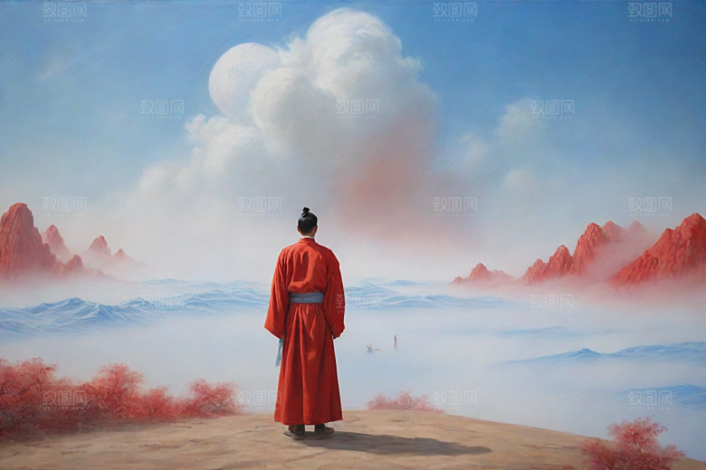 男子站立红色建筑旁宋代工笔山水画