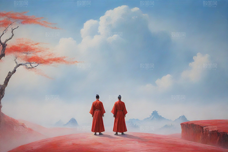 男子站立红色建筑旁宋代工笔山水画