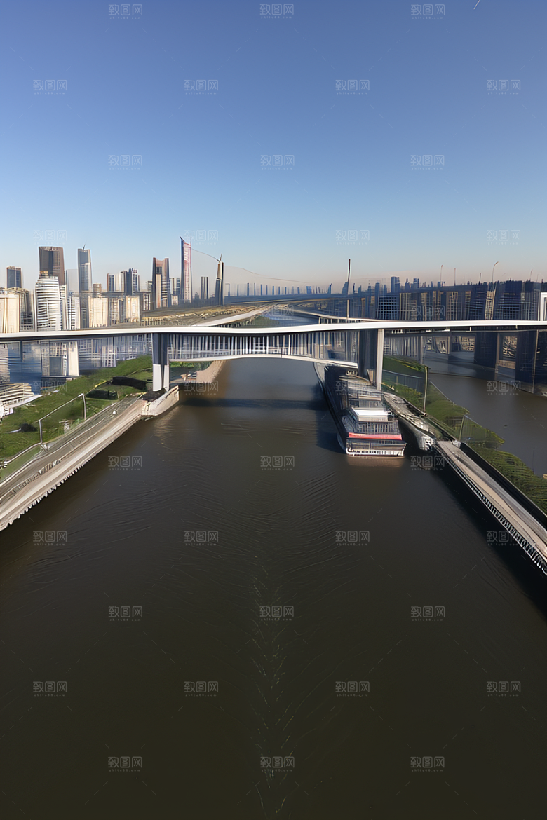 现代桥梁连接城市两岸车流不息