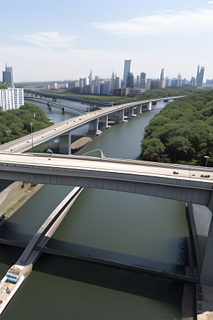 现代桥梁连接城市两岸车流不息