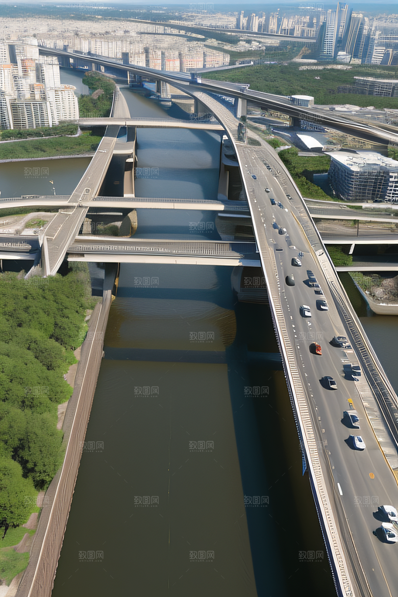 现代桥梁连接城市两岸车流不息