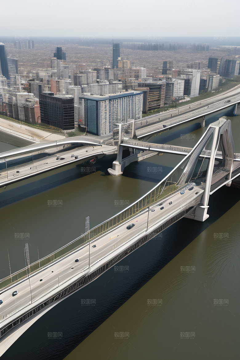 现代桥梁连接城市两岸车流不息