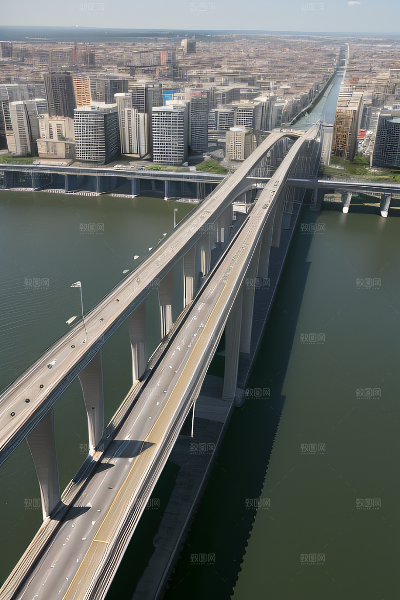 现代桥梁连接城市两岸车流不息