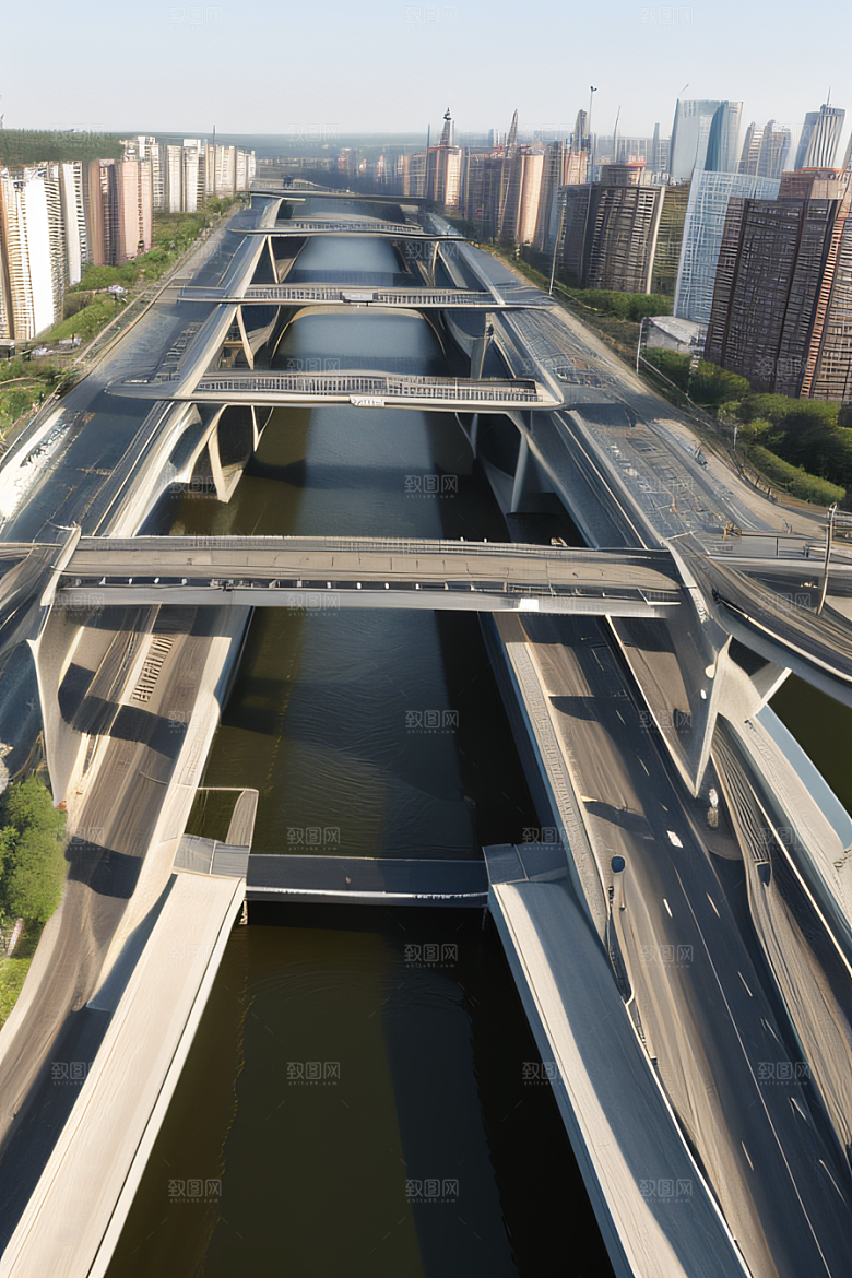 现代桥梁连接城市两岸车流不息
