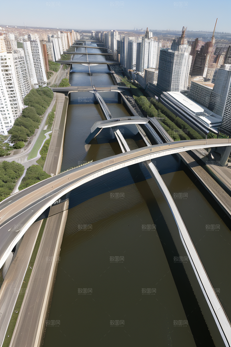 现代桥梁连接城市两岸车流不息