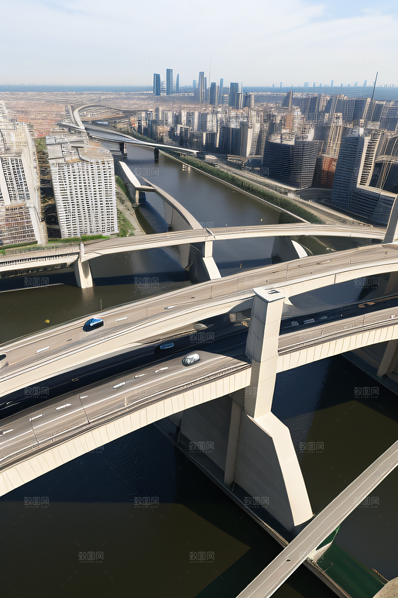 现代桥梁连接城市两岸车流不息