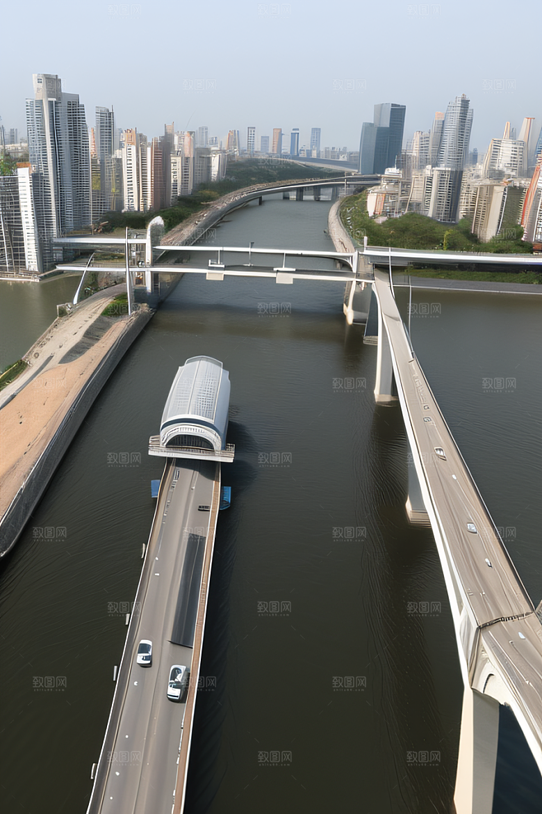 现代桥梁连接城市两岸车流不息