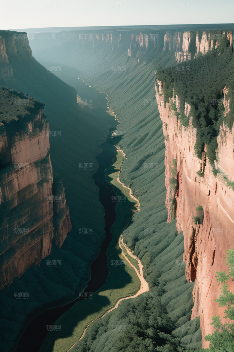 高空鸟瞰峡谷岩壁与绿树交相辉映